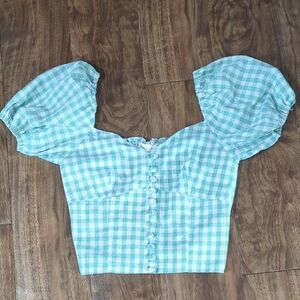 By Together Aqua Gingham Puff Sleeve Blouse